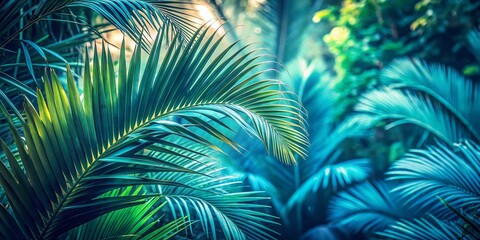 Vintage Blue Monochrome Palm Leaves Sky Tree Plant Background - Classic 2020 Trend Stock Photo