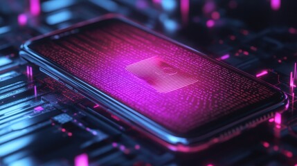 In a dimly lit environment the smartphone is encased in a radiant holographic shield that flickers with binary code signifying robust virtual defense while the devices screen displays