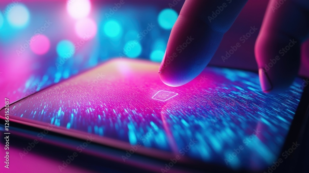 Poster an intricate focus on a finger pressing down on a biometric sensor with the display of the smartphon