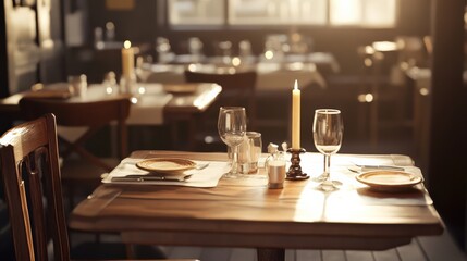 Cozy restaurant interior with candlelit tables set for dining, warm ambiance, and soft lighting