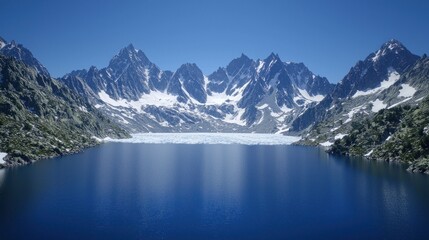 Serene lake reflects snow-capped mountains. Tranquil nature background for travel use