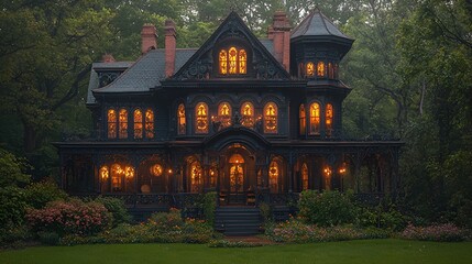 Fototapeta premium Victorian mansion, illuminated at dusk, woods backdrop, Halloween setting