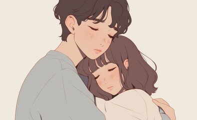Obraz premium Cute cartoon couple in love, man with black hair and woman with brown hair hugging each other, gentle embrace
