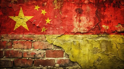 Obraz premium Vintage China Flag Abstract Stone Wall Texture Background Pattern