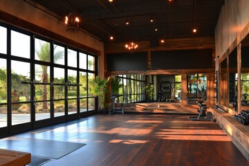Modern gym interior featuring large windows and wooden accents during late afternoon sunlight