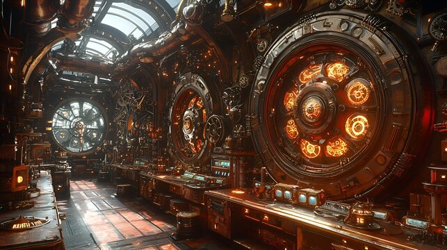 Steampunk lab interior, complex machinery, sunlight through arched window, futuristic background, sci-fi setting