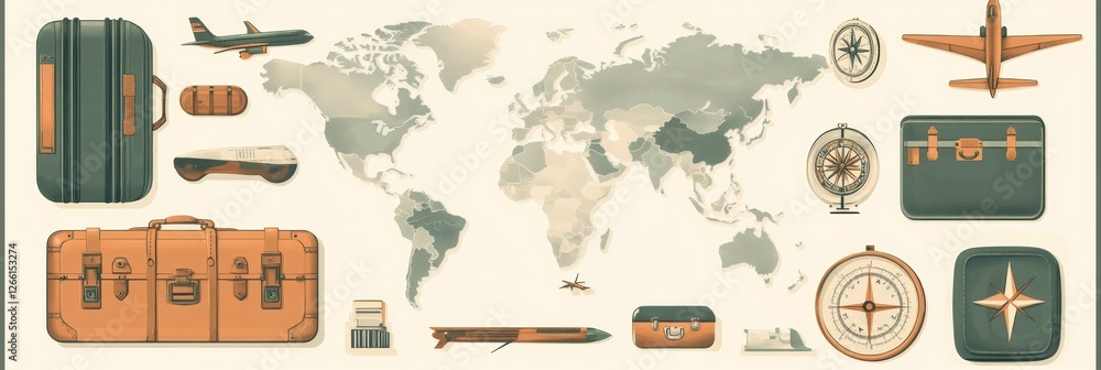 Poster stickers featuring travel items and a world map for adventure enthusiasts and wanderlust lovers. gen