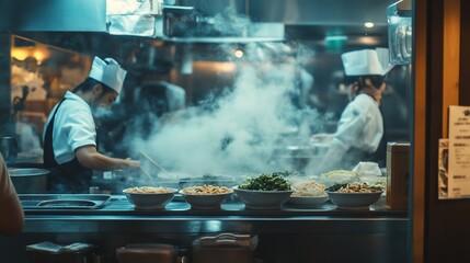 Culinary Steam: A Nighttime Glimpse into a Busy Asian Restaurant Kitchen