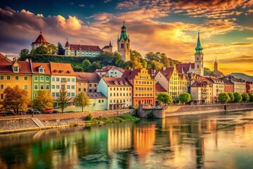 Obraz premium Vintage Danube River Scene: Charming Old Town & Scenic Waterscape