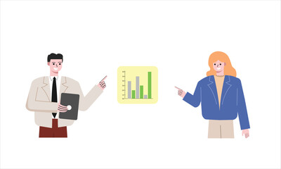 Businessman and woman presenting a company's growth through charts, graphs and analysis. Flat design vector illustration isolated on white background