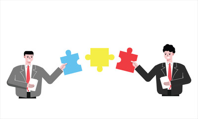 Businessman man putting together a puzzle to unite ideas one another. Flat design vector illustration isolated on white background