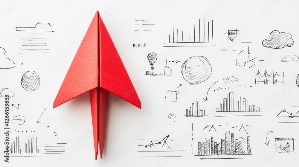 Poster red paper plane symbolizes innovation and strategic planning for business success in a creative work