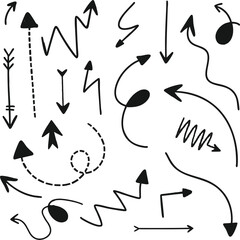 hand drawn black arrows set on white background. curved doodle sketch.