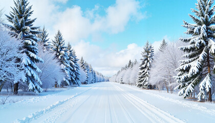 Naklejka premium Winter road lined with snowy trees under a blue sky