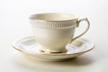 Vintage Empty White Teacup and Saucer Set, Isolated on White Background - Stock Photo