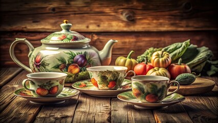 Fototapeta premium Vintage Elegant Vegetable Tea Set, Still Life Photography
