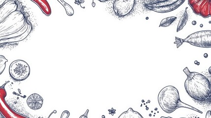 Hand-drawn illustration of various vegetables and spices framing a blank space for recipes
