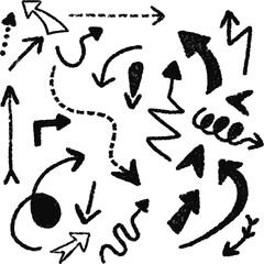 set of hand drawn scribble black arrows on white background. curved doodle sketch.