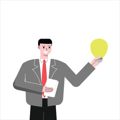 Businessman man gets an idea. Male worker holds a lamp. Worker brainstorming. Flat design vector illustration isolated on white background