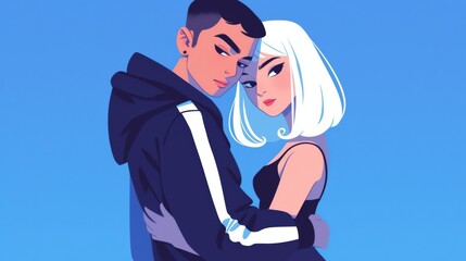 Obraz premium A cute couple, boy with black hair and girl with white short curly hair, looking at the camera