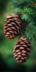 Two pine cones on a pine tree with a green background