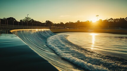Sunset Illuminates Artificial Wave Pool at Recreation Center