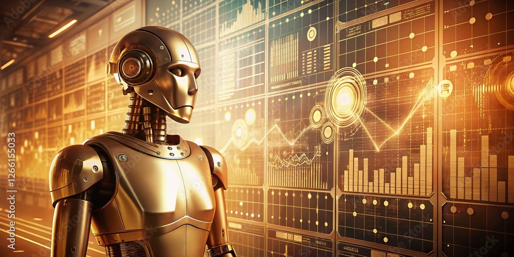 Poster vintage futuristic ai: robot observing data analytics interface