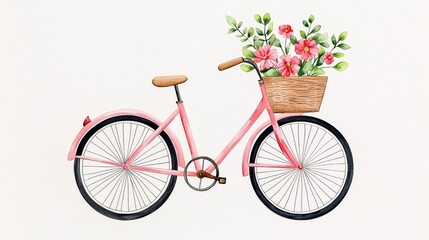 Vintage Pink Bicycle with Flower Basket and Bright Floral Arrangement on Light Background