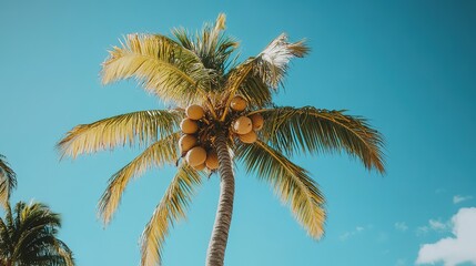 Palm Tree With Ripe Coconuts Against A Blue Sky