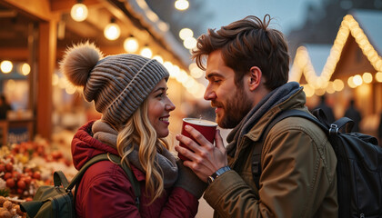 Couple enjoying hot drinks together at winter market
