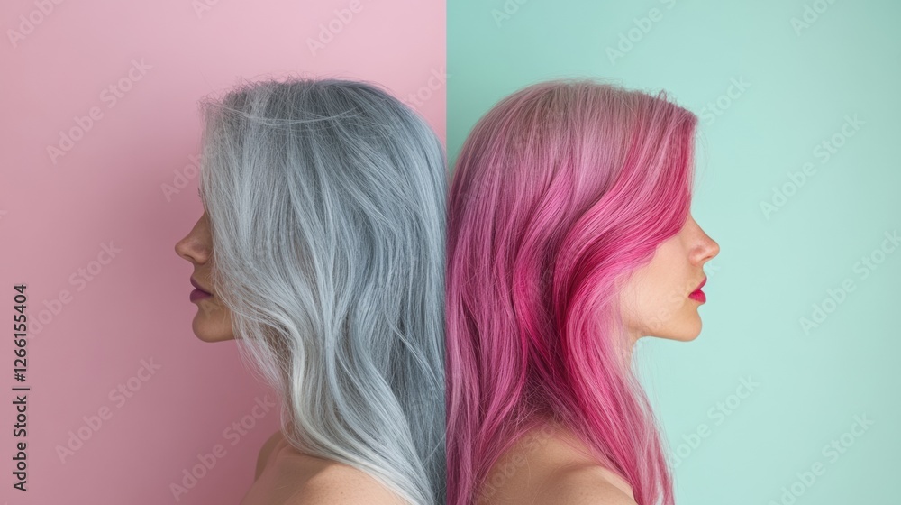 Poster Transition from gray to vibrant hair color showcases a bold transformation for self expression and style. Generative AI