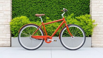 Vibrant Red Bicycle Against Lush Greenery and Modern Textured Wall in Urban Setting
