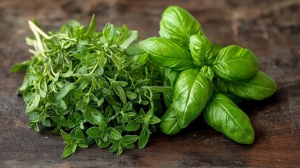 Fresh Basil and Oregano Herbs on Wooden Table with Soft Focus Background and Natural Light Enhancing Colors