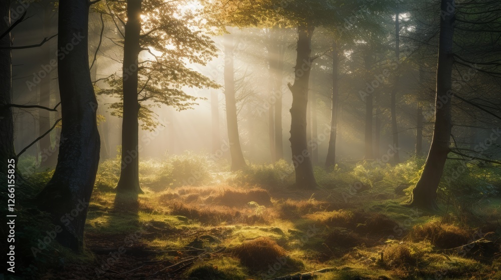 Poster light filters through trees in a tranquil forest during early morning hours in a serene natural envi