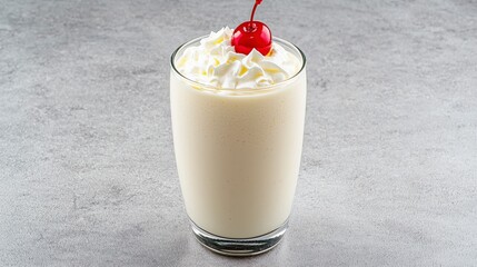 Creamy dessert beverage topped with whipped cream and cherry in a clear glass on gray background