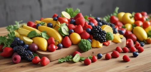 Colorful mixed fruit berry vegetable arrangement on a wooden table, snacks, colorful, food