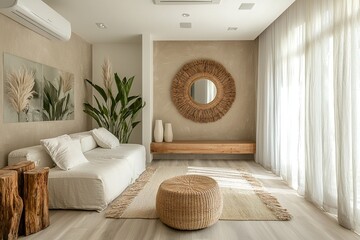 A modern minimalist interior design of a residential living room with curtained windows and a white sofa. Generative AI
