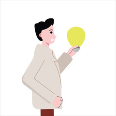 Businessman man gets an idea. Male worker holds a lamp. Worker brainstorming. Flat design vector illustration isolated on white background