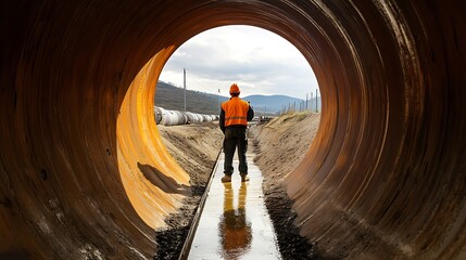 Worker Inside a Large Metal Pipe, Construction Site