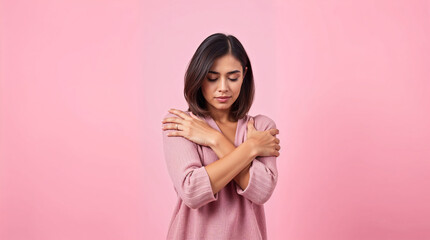 Fototapeta premium Woman hug herself on pink pastel background. International women's day concept. copy space 