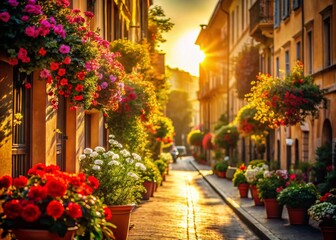 Fototapeta premium Vintage Italian Street Scene: Flower-Lined Avenue, Sunny Day, Retro Photograph