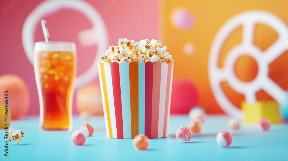 Poster Enjoying colorful popcorn and soda in a vibrant setting with playful decor and cheerful vibes. Generative AI