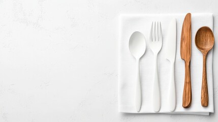 Elegant Arrangement of Cutlery on White Napkin with Bright Background for Dining and Culinary Presentation