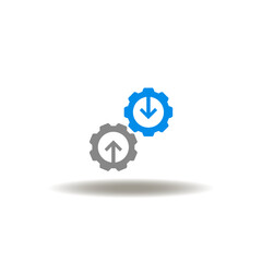 Obraz premium Vector illustration of gear wheels with arrows up, down. Symbol of information technology integration. Icon of integrate tech. Pictogram of downloading uploading exchange data.