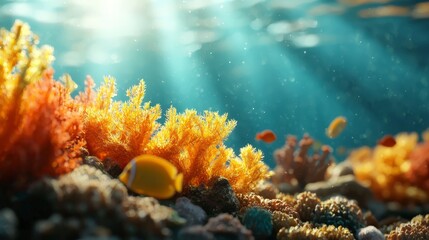 Obraz premium Vibrant Underwater Scene with Colorful Coral Reefs and Tropical Fish Swimming in Clear Blue Ocean Water
