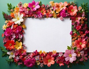 Obraz premium Colorful flower frame with blank space for text on a teal background, mockup