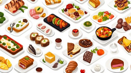 A vibrant array of assorted gourmet dishes displayed on white plates, showcasing culinary diversity