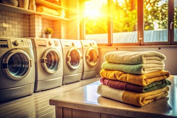 Vintage Laundry Room: Folded Towels on Countertop Near Washing Machines