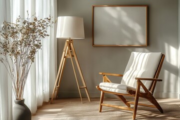 Modern minimalist interiors in the living room with walls and armchairs that hang art frames. Generative AI
