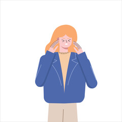 Businesswoman having a headache thinking about work. Female worker has a lot on her mind. Worker who is stressed. Flat design vector illustration isolated on white background